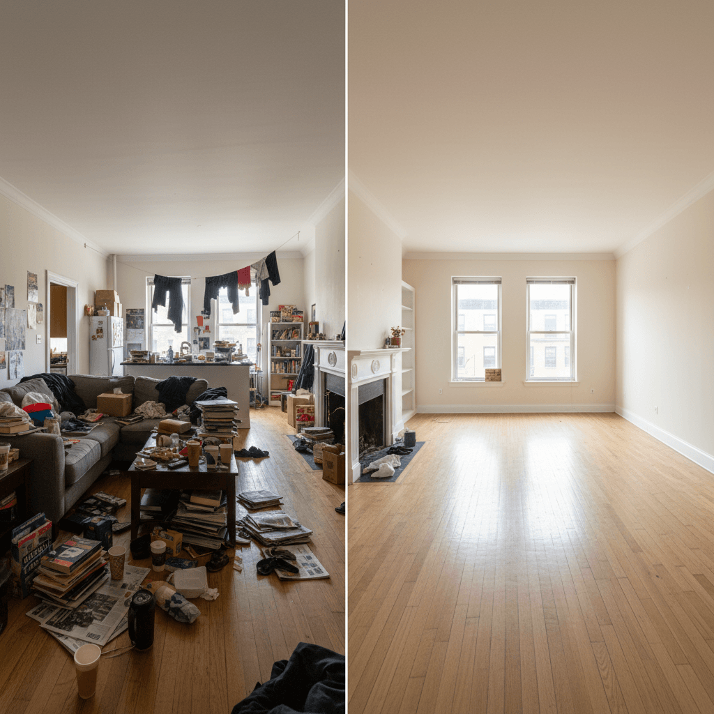Salón de un piso antes del vaciado, lleno de muebles y trastos, y después, completamente vacío