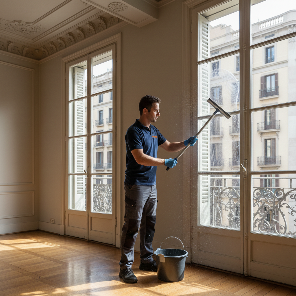 Limpiador de Mansonet limpiando ventanales en piso del Eixample de Barcelona