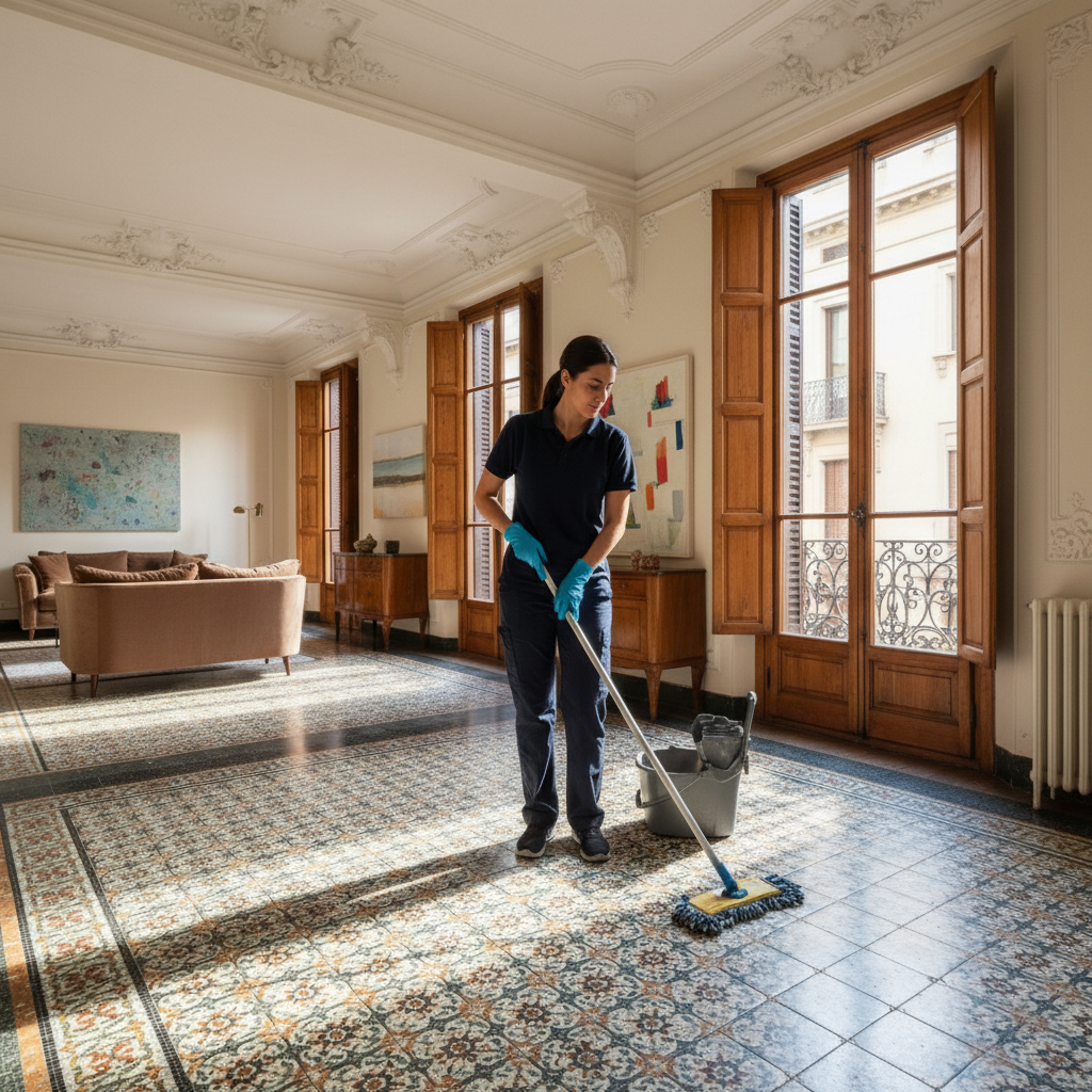 Limpiadora de Mansonet fregando suelo de mosaico en piso modernista de Barcelona