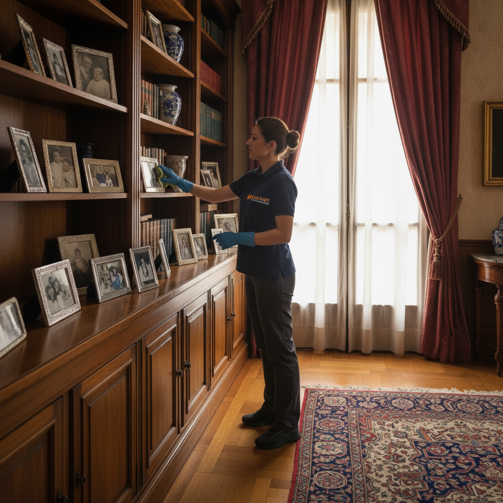 Limpiadora de Mansonet limpiando estanterias en piso elegante de Sarria-Sant Gervasi