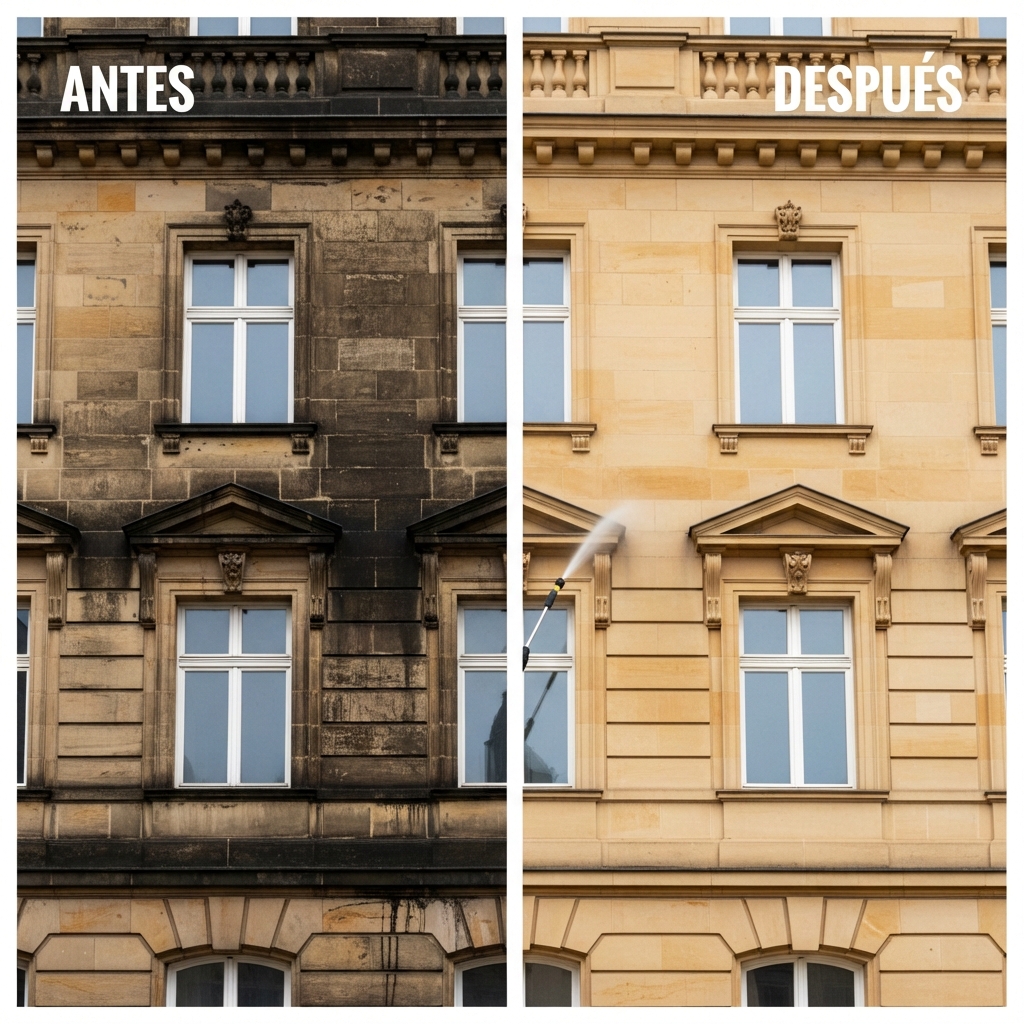 Antes y después de limpieza profesional de fachada de edificio en Barcelona por Mansonet