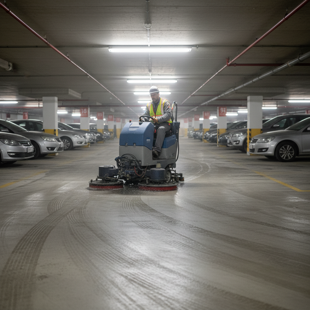 Profesional de Mansonet limpiando garaje comunitario con maquinaria industrial en Barcelona