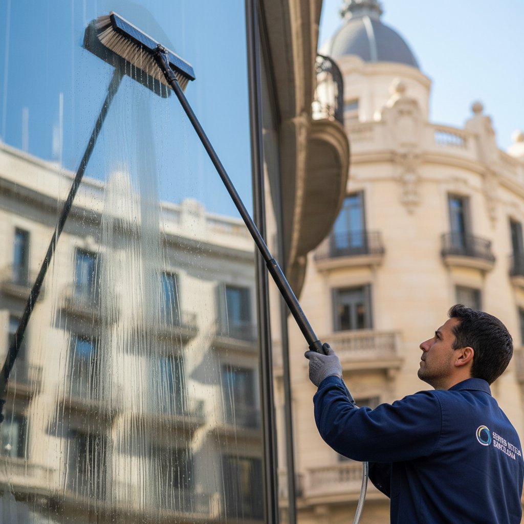 Operario de Mansonet usando pertiga de carbono para limpiar cristales en altura en Barcelona