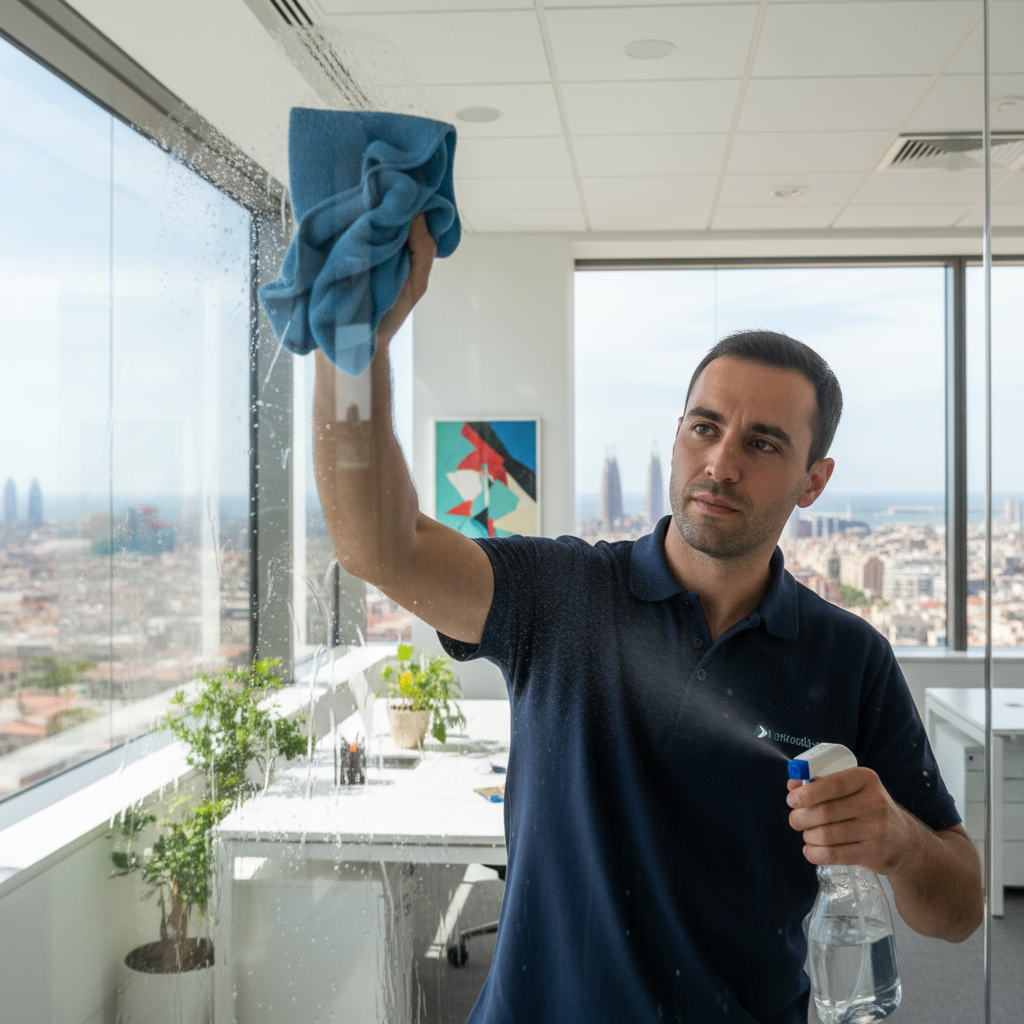 Profesional de Mansonet limpiando mamparas de cristal en oficina corporativa de Barcelona