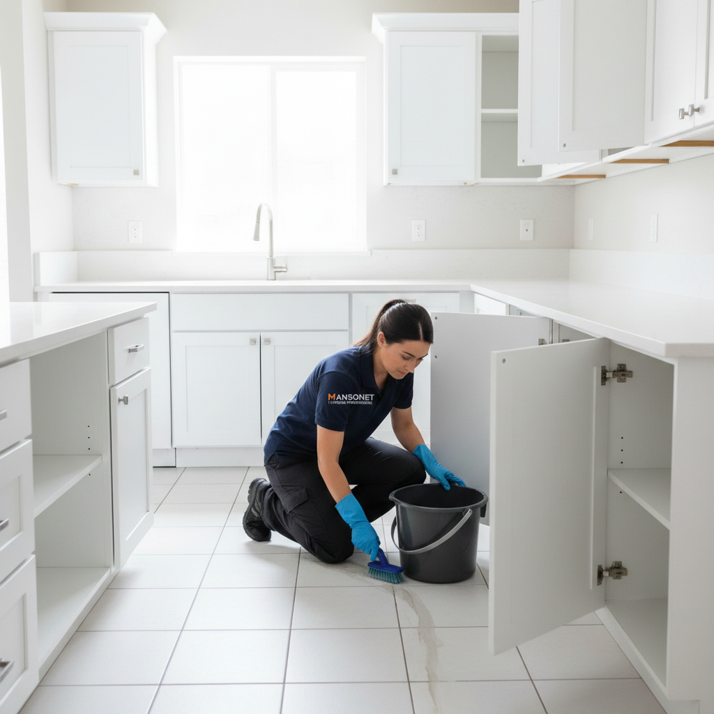 Limpiadora de Mansonet limpiando cocina de piso alquilado para recuperar fianza