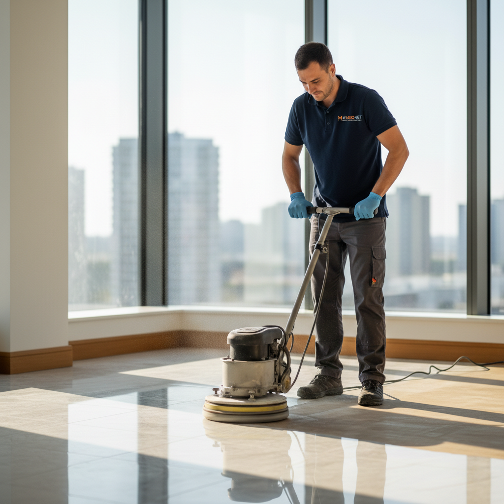 Trabajador de Mansonet puliendo suelo de marmol en piso renovado de Barcelona