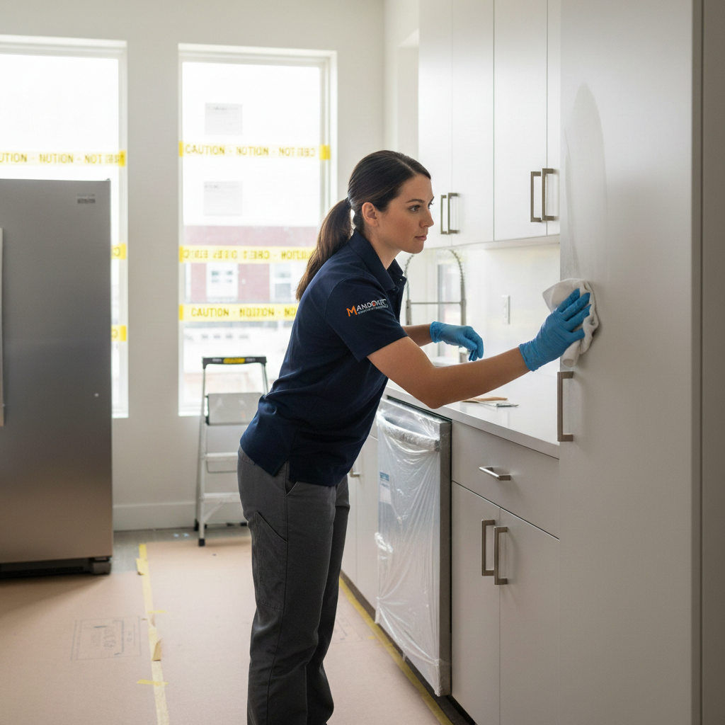 Limpiadora de Mansonet limpiando cocina recien reformada en Barcelona
