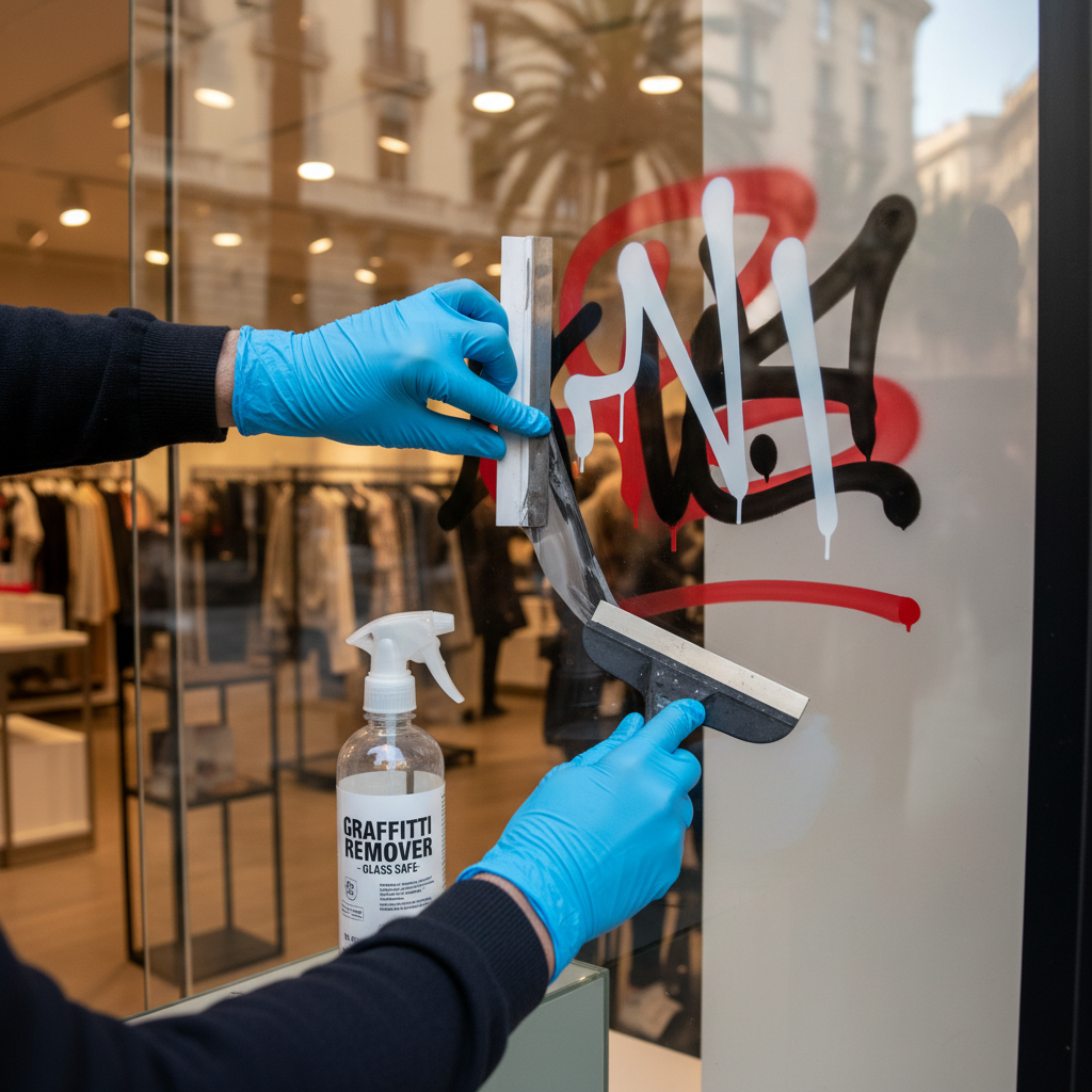 Eliminación de grafiti de escaparate de local comercial en Barcelona sin rayar el cristal