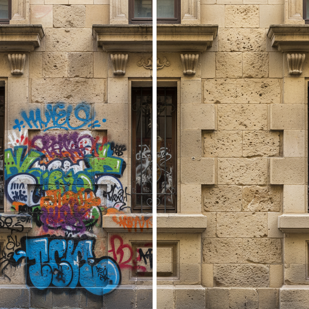 Antes y después de eliminación de grafiti en fachada de edificio en Barcelona por Mansonet