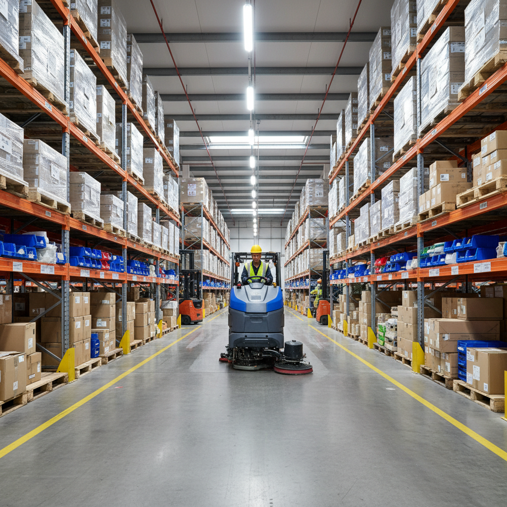 Fregadora industrial limpiando pasillo entre estanterias de almacen logistico