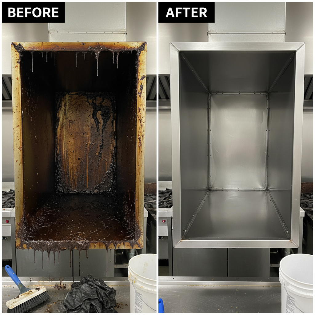 Antes y despues de limpieza de conductos de extraccion industrial