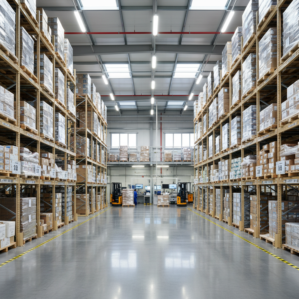 Interior de nave industrial con suelo de hormigon pulido tras limpieza profesional