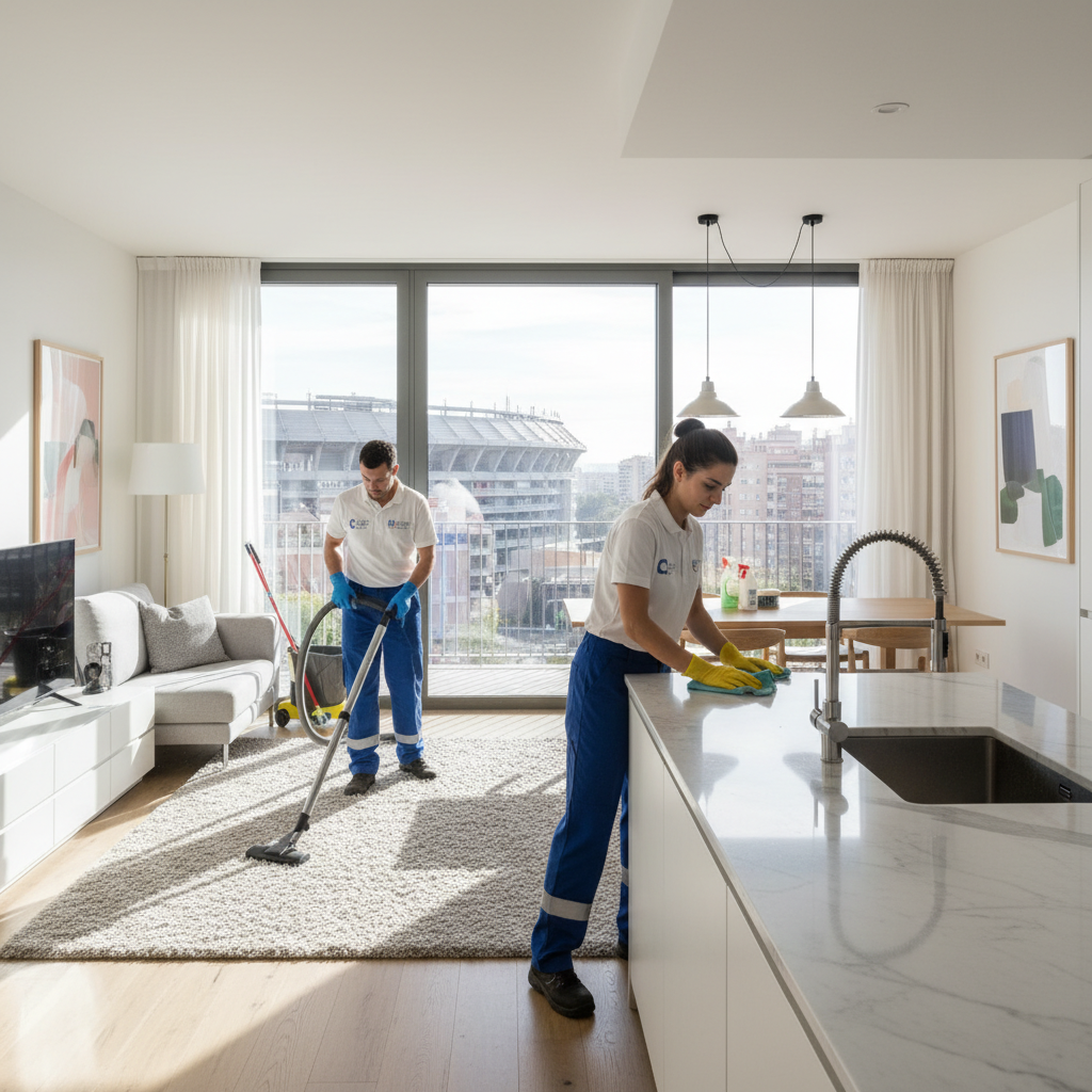 Profesional de Mansonet limpiando sofá en piso familiar de Les Corts, Barcelona