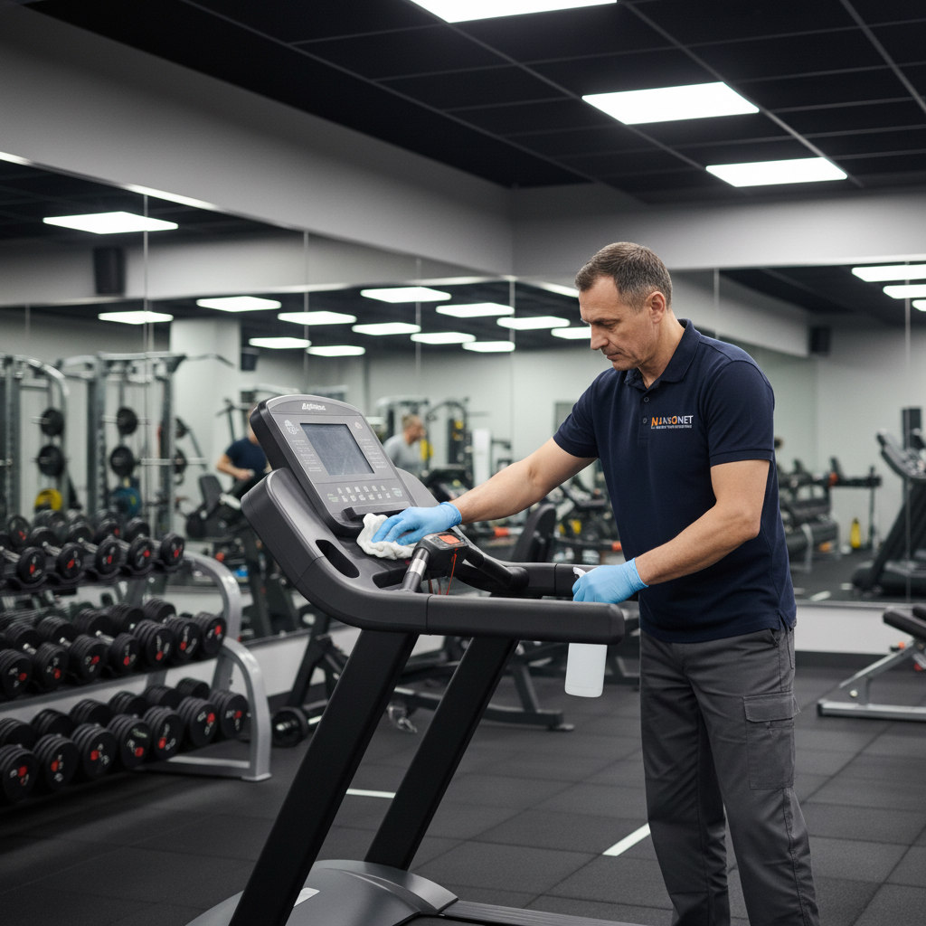 Limpiador profesional de Mansonet limpiando equipamiento de gimnasio en Barcelona