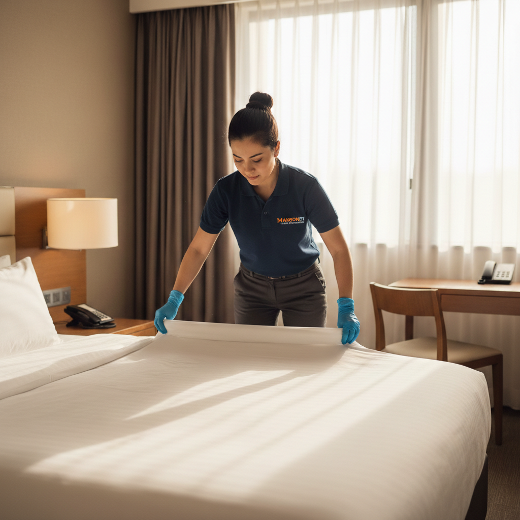 Limpiadora profesional de Mansonet preparando habitación de hotel en Barcelona