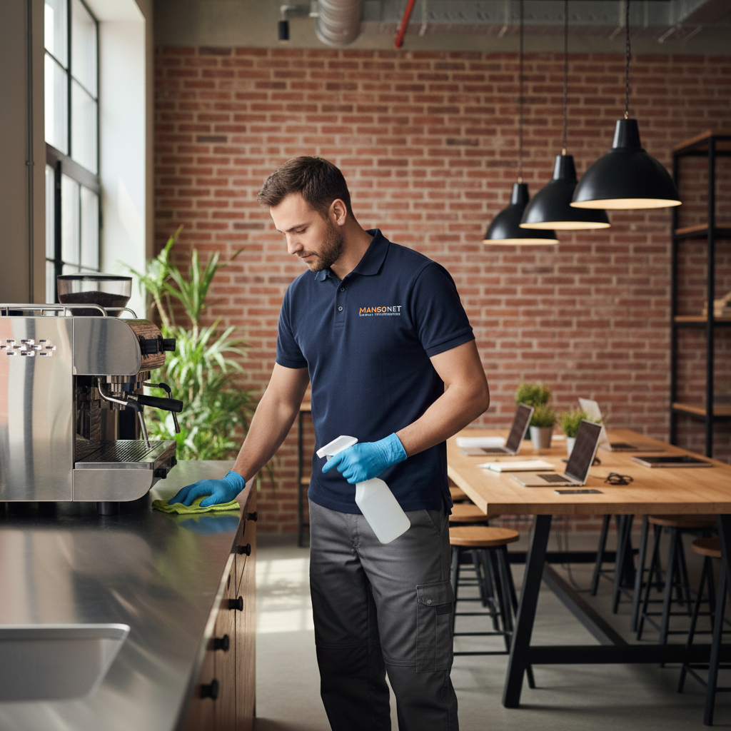Limpiador profesional de Mansonet limpiando cocina de coworking en Barcelona