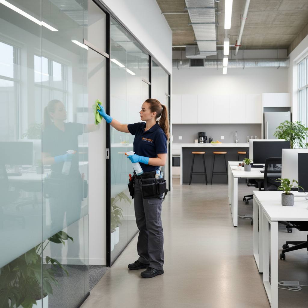Limpiadora profesional de Mansonet limpiando mamparas en oficina mediana