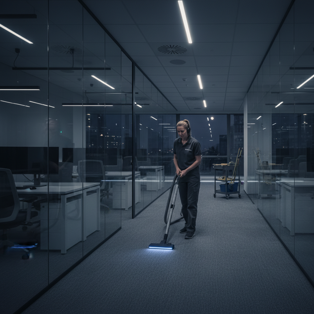 Limpiadora profesional de Mansonet vaciando papeleras en oficina de noche