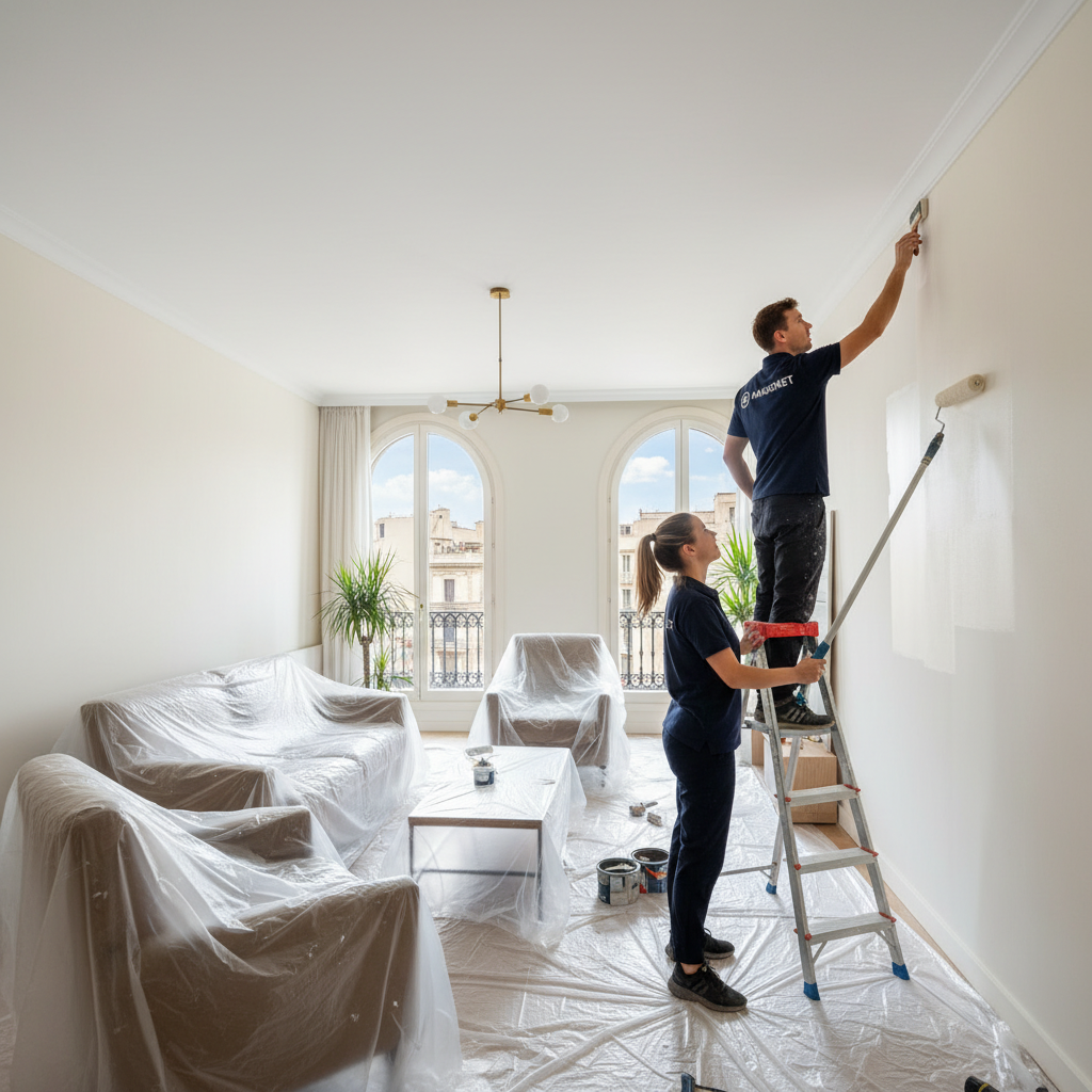 Pintor profesional de Mansonet pintando paredes de piso en Barcelona con rodillo