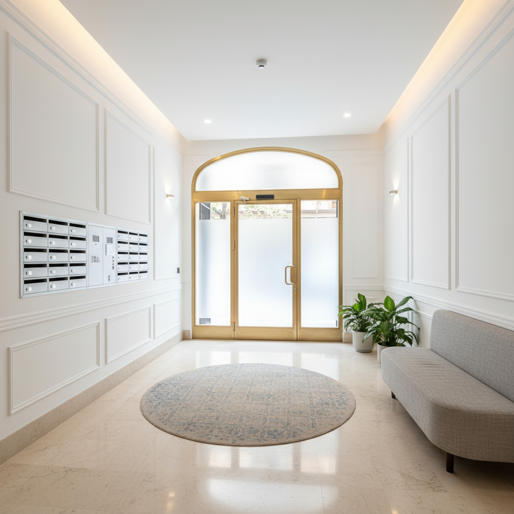 Equipo de Mansonet pintando portal de comunidad de vecinos en Barcelona