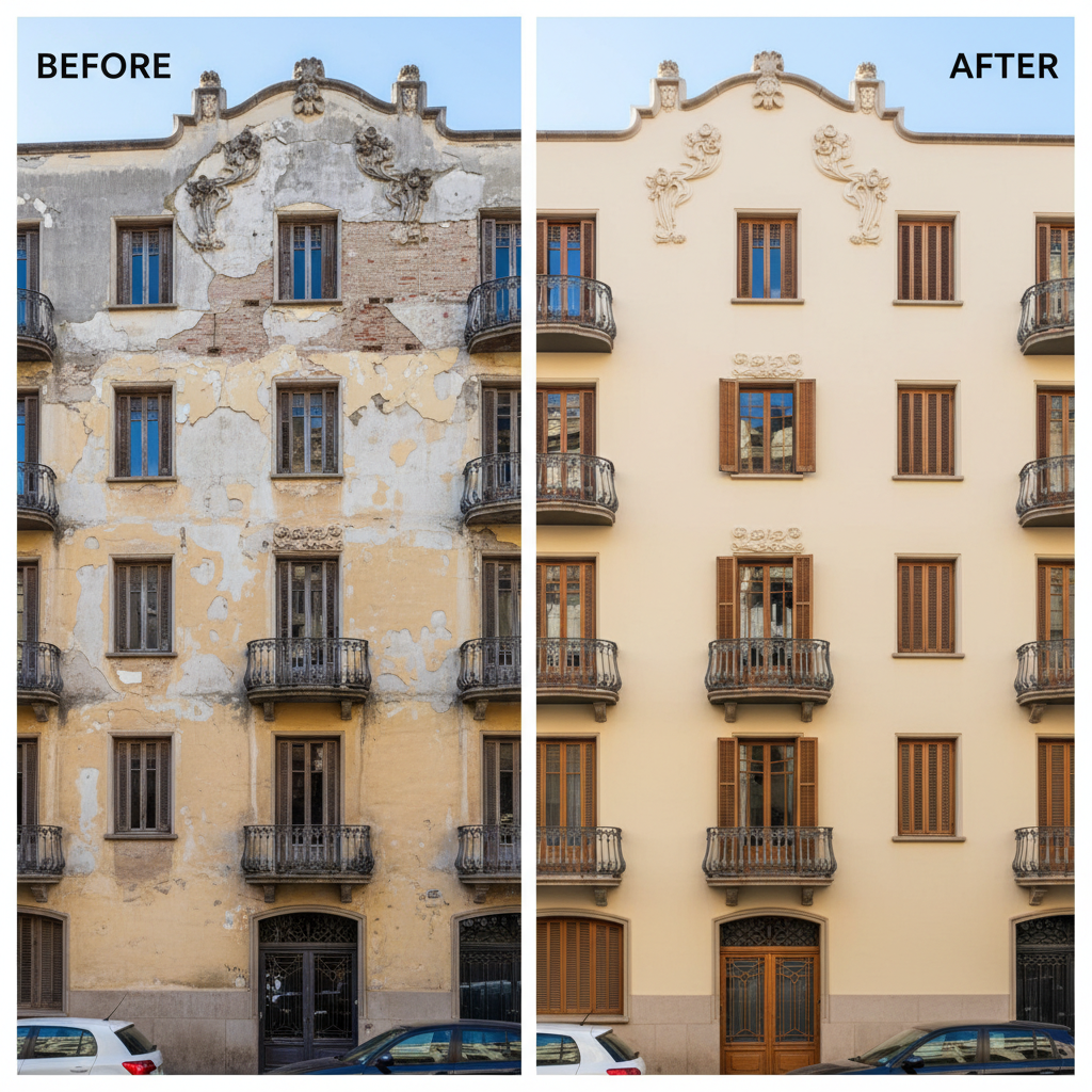 Fachada de edificio recién pintada por Mansonet en el Eixample de Barcelona
