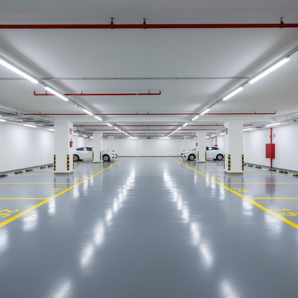 Aplicación de pintura epoxi en suelo de garaje comunitario en Barcelona