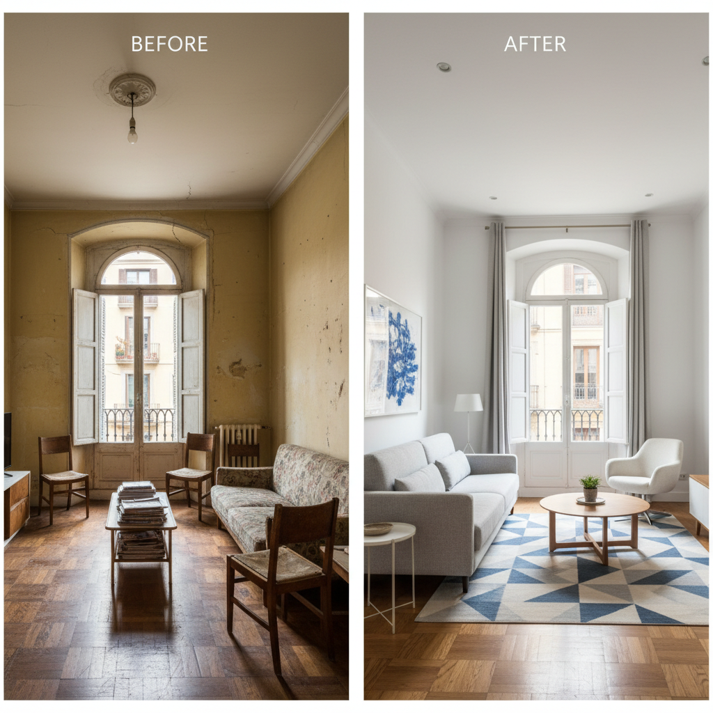 Salón de piso recién pintado por Mansonet en Barcelona con acabado profesional