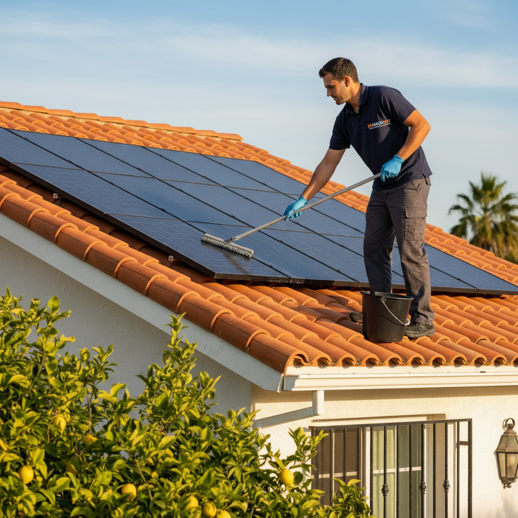 Trabajador de Mansonet limpiando placas solares en vivienda particular