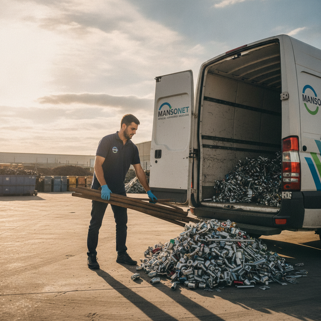 Trabajadores de Mansonet cargando chatarra y restos metálicos en una retirada en Barcelona