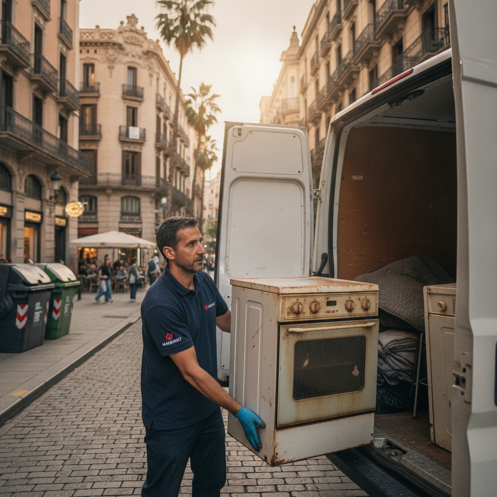 Equipo de Mansonet retirando electrodomésticos durante una recogida a domicilio en Barcelona