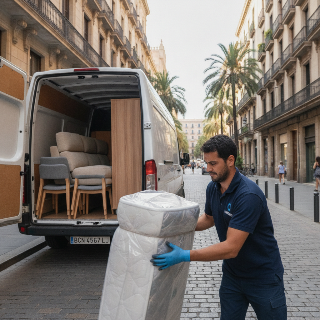 Equipo de Mansonet recogiendo un sofá y muebles a domicilio en Barcelona