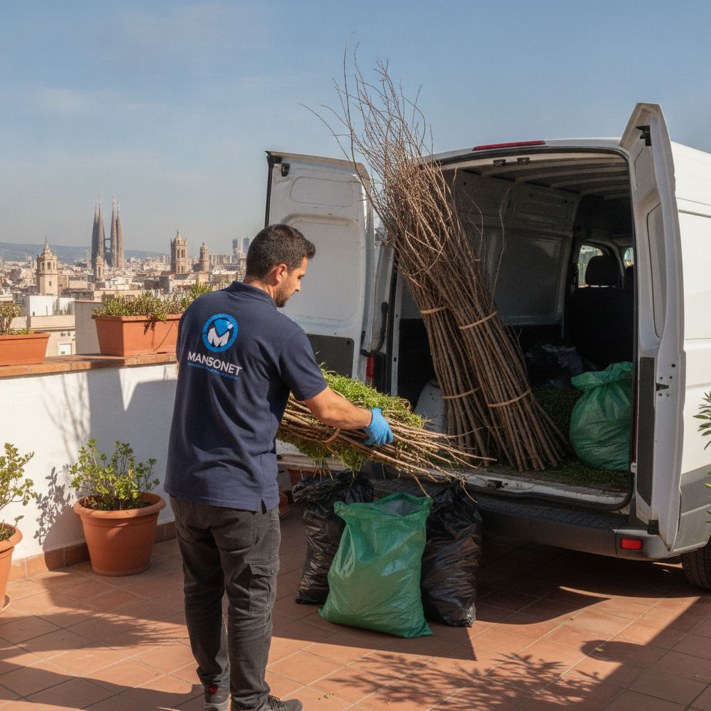 Equipo de Mansonet recogiendo restos de poda y ramas de un jardín en Barcelona