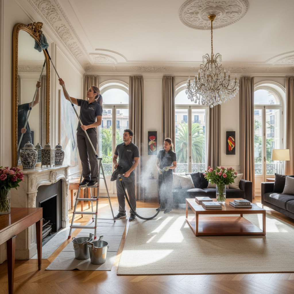 Profesional de Mansonet limpiando sofá de piel en vivienda exclusiva de Sarrià-Sant Gervasi