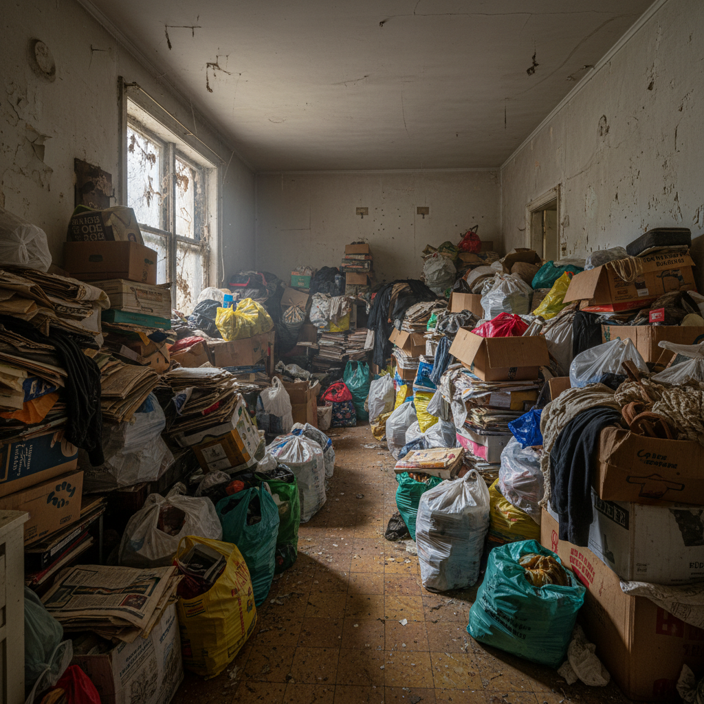Interior de vivienda con sindrome de Diogenes antes de la limpieza profesional en Barcelona