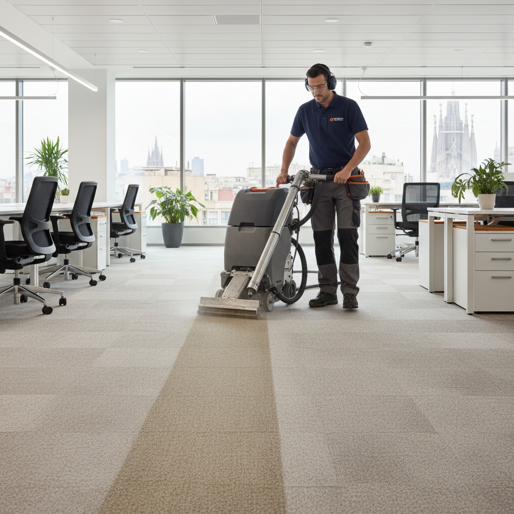 Equipo de Mansonet realizando limpieza profesional de moqueta en oficina de Barcelona