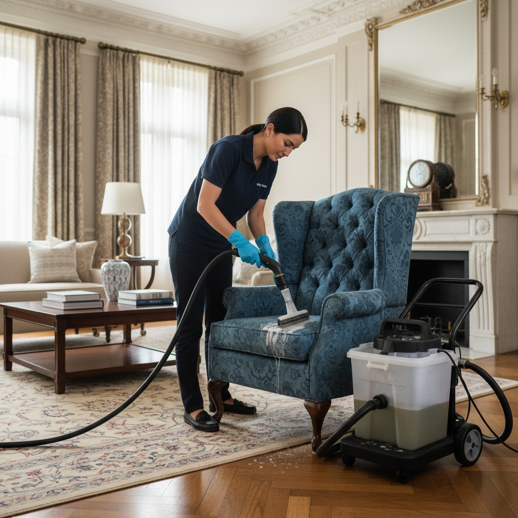 Profesional de Mansonet limpiando sillón orejero tapizado a domicilio en Barcelona