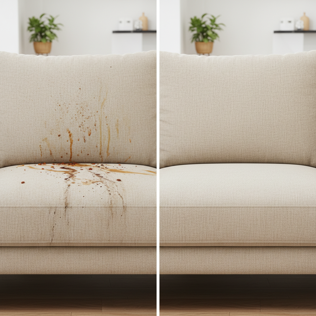 Profesional de Mansonet limpiando sofá con sistema de inyección-extracción a domicilio en Barcelona