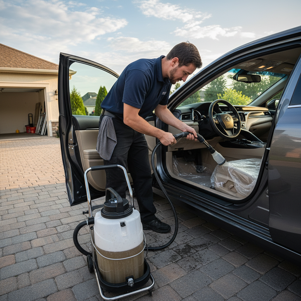 Profesional de Mansonet limpiando asientos de coche con inyección-extracción en Barcelona